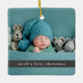 Baby's eerste kerstfeest Moderne lintfoto Keramisch Ornament (Voorkant)