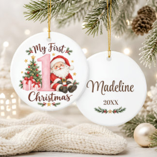 Baby's eerste kerstfeest Roze Kerstman Keramisch Ornament