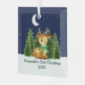 Baby's eerste kerstfeest Waterverf Der Bow Forest Glas Ornament (Voorkant links)