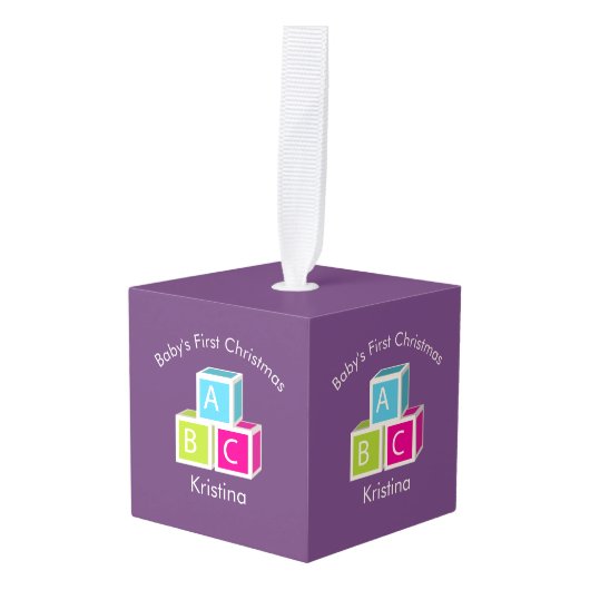 Baby's eerste kerstfeestjes kubus ornament (Voorkant hoekig)
