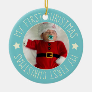 Baby's eerste kerstfoto Aangepaste foto Blauw Keramisch Ornament