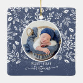 Baby's eerste kerstfoto Blauw Keramisch Ornament (Achterkant)