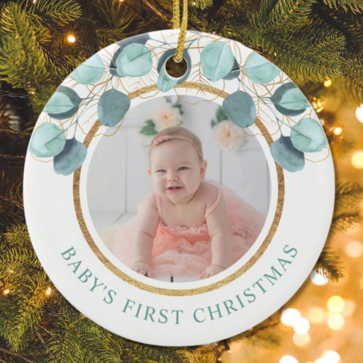 Baby's eerste kerstfoto Eucalyptus Keramisch Ornament