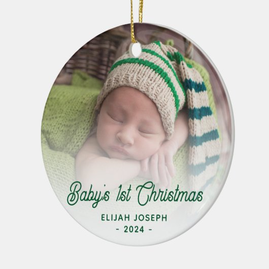 Baby's Eerste Kerstfoto Groene Retro Script Keramisch Ornament (Links)