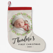 Baby's Eerste Kerstfoto Krans Naam Keepsake Kleine Kerstsok (Voorkant)