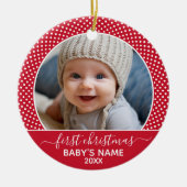 Baby's eerste kerstfoto Polka Dot Calligrafie Keramisch Ornament (Voorkant)