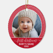 Baby's eerste kerstfoto Polka Dot Calligrafie Keramisch Ornament (Links)
