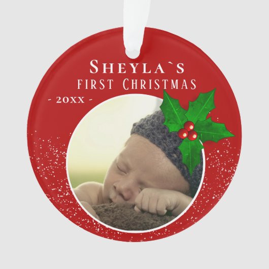 Baby's eerste kerstfoto Red Holly Berry Ornament (voorkant)