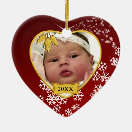 Baby's eerste kerstfoto Rode Foto Keramisch Ornament (Voorkant)