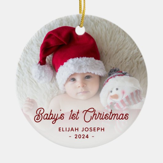 Baby's eerste kerstfoto rode retro script keramisch ornament (Voorkant)