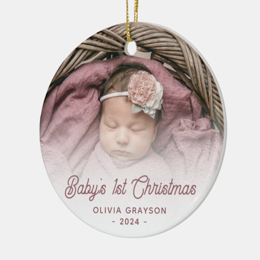 Baby's Eerste Kerstfoto Roos Retro Script Keramisch Ornament (Links)