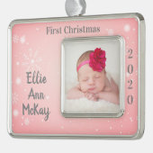 Baby's eerste kerstfoto Roze Snowflake Verzilverd Kader Ornament (Links)