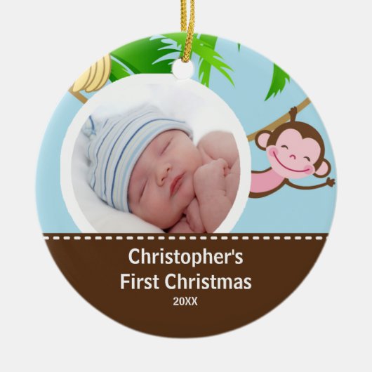 Baby's eerste kerstfoto-sieraap keramisch ornament (Voorkant)