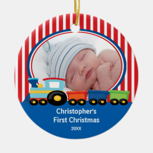 Baby's eerste kerstfoto-sierjongen keramisch ornament