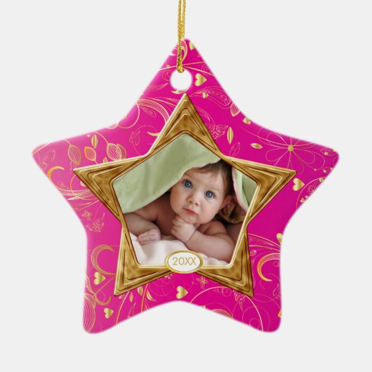 Baby's Eerste kerstfoto Ster Pink Keramisch Ornament (Voorkant)