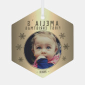 Baby's eerste kerstfoto van Golden Snowflake Glas Ornament (Achterkant)