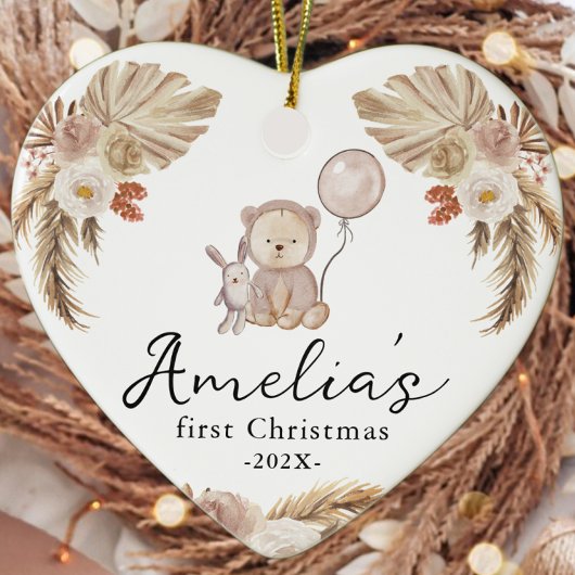 Baby's eerste kerstfotojaar Schattige Boho-Beer Keramisch Ornament
