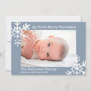 Baby's eerste kerstgebluste blauwe foto Snowflakes Feestdagenkaart