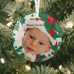 Baby's eerste kerstgroene, aangepaste foto op maat glas ornament