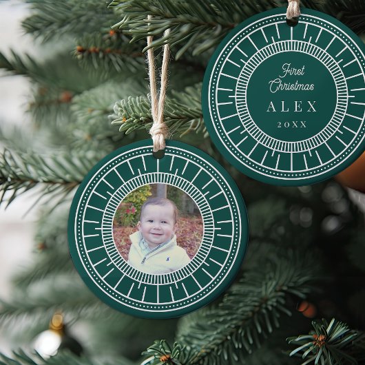 Baby's eerste kerstgroene en witte foto keramisch ornament
