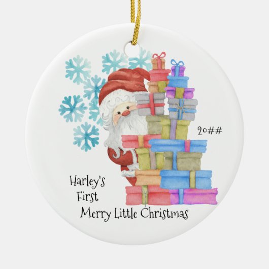Baby's eerste kerstkerstman en cadeaufoto keramisch ornament (Voorkant)