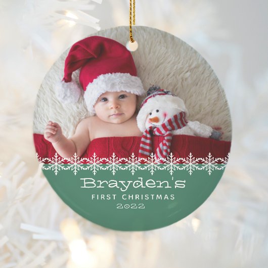 Baby's Eerste Kerstmis 2023 Foto Groen Keramisch Ornament