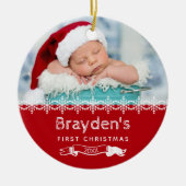 Baby's Eerste Kerstmis 2023 Rood Wit Aangepaste Fo Keramisch Ornament (Voorkant)