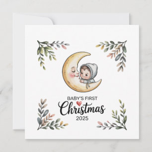 Baby's Eerste Kerstmis 2025 Vintage Maan & Baby Feestdagenkaart