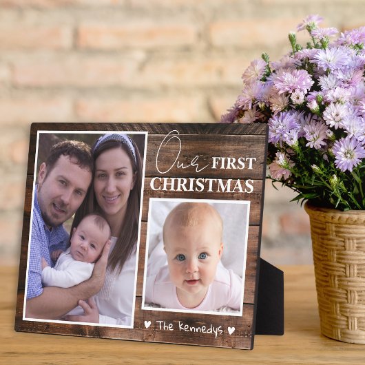 Baby's Eerste Kerstmis 2 Foto Collage Rustic Wood Fotoplaat
