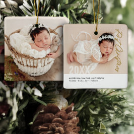 Baby's Eerste Kerstmis 2-Foto Naam & Geboortedetai Keramisch Ornament