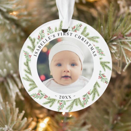 Baby's eerste Kerstmis 2 foto's Greenery Ornament (Boom)
