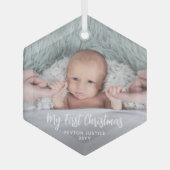 Baby's eerste Kerstmis Eenvoudig 1 Foto White Scri Glas Ornament (Voorkant)