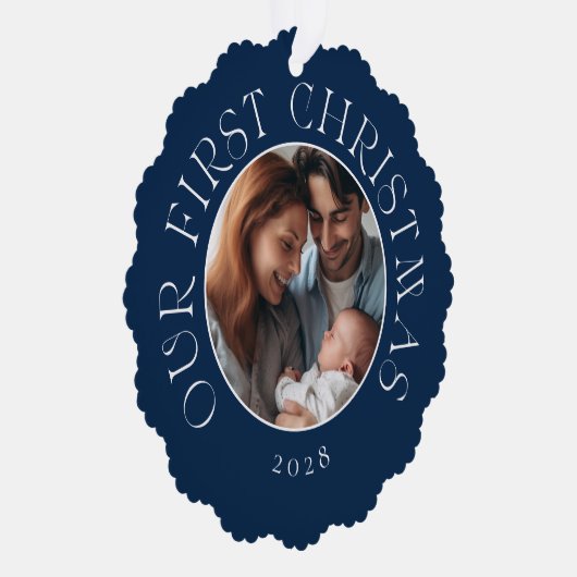 Baby's Eerste Kerstmis Feestelijke Blauwe Familie  Ornament Kaart (Rechts)