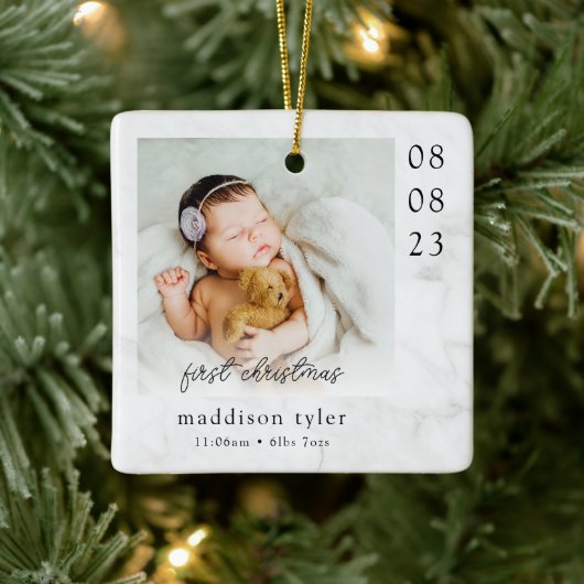 Baby's Eerste Kerstmis Foto Marmer Keramisch Ornament (Boom)