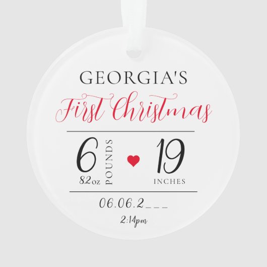 Baby's Eerste Kerstmis Geboorte Statistieken Foto Ornament (achterkant)