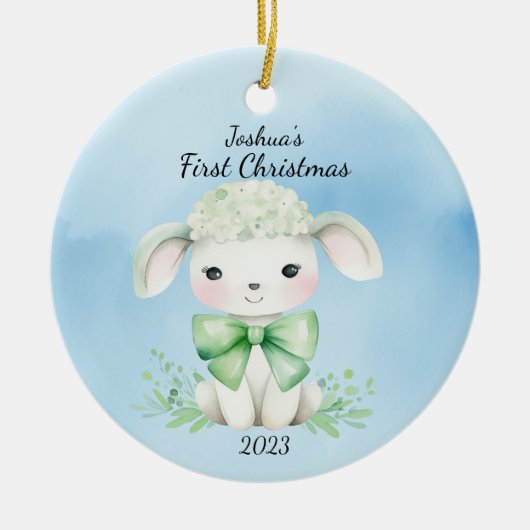 Baby's Eerste Kerstmis Lam Blauw Gepersonaliseerd Keramisch Ornament (Voorkant)