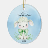 Baby's Eerste Kerstmis Lam Blauw Gepersonaliseerd Keramisch Ornament (Links)