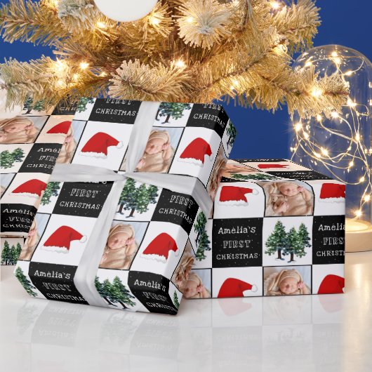 Baby's eerste Kerstmis Santa Hat Sneeuwboom Foto Cadeaupapier (Feestdagen)