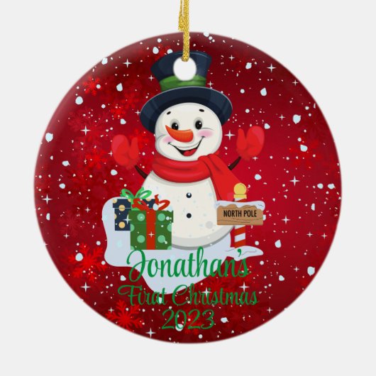 Baby's Eerste Kerstmis schattige sneeuwpop zwart p Keramisch Ornament (Achterkant)