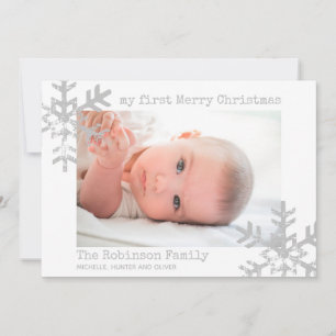 Baby's eerste Kerstmis White Foto Snowflakes Feestdagenkaart