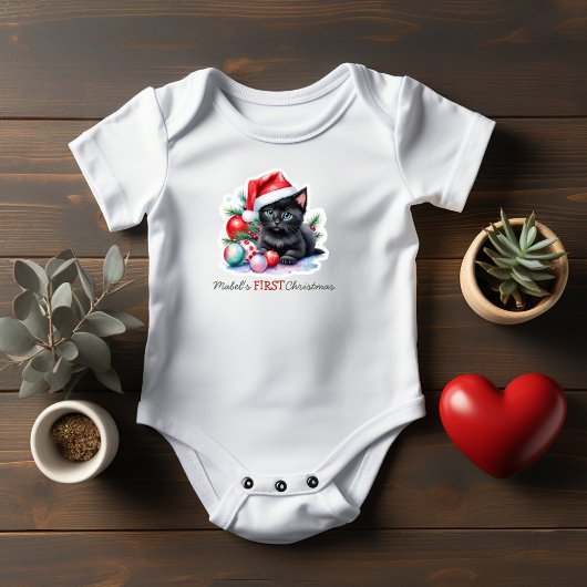 Baby's eerste kerstmis zwarte kat Santa-hoed Romper