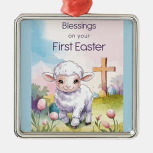 Baby's eerste Pasen Religieus Lam Kruis Christelij Metalen Ornament