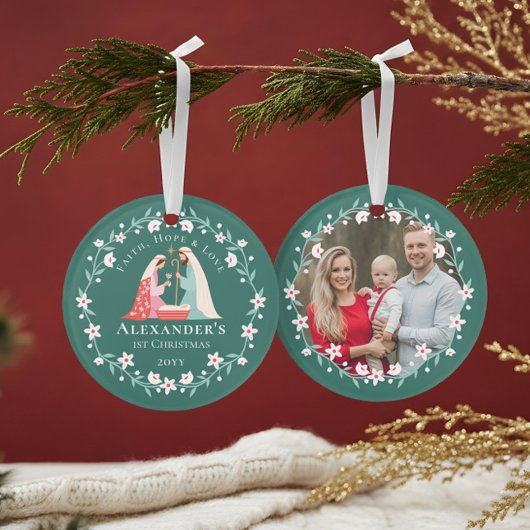 Baby's eerste religieuze kerstfoto ornament