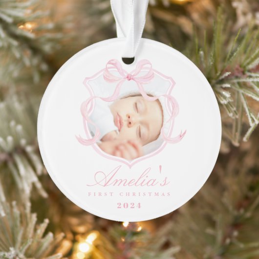 Baby's eerste roze kerstfoto ornament (Boom)