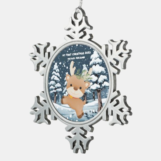 Baby's eerste Schattigee herten gepersonaliseerd Tin Sneeuwvlok Ornament (Rechts)