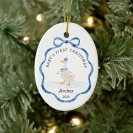 Babys First Christmas Blue Watercolor Ribbon Goose Keramisch Ornament