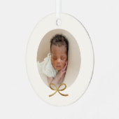 Baby's First Christmas Minimal Gold Bow Photo Metalen Ornament (Voorkant links)