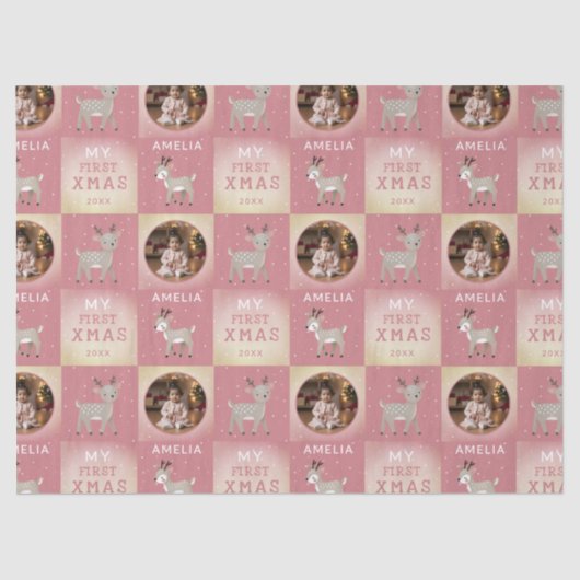 Baby's First Christmas Pink Deer Photo Tissuepapier (Voorkant)