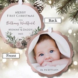 Baby's First Christmas Rose Gold Photo Keepsake Ornament Kaart
