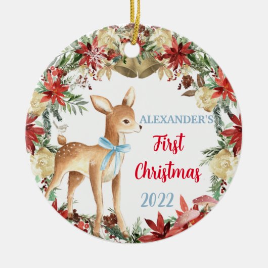 Babys First Kerstannament Boy Deer Keramisch Ornament (Voorkant)